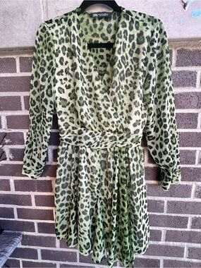 ZARA Green Leopard-Print Dress Size Small